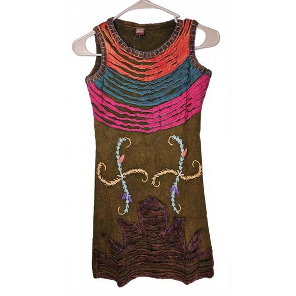 K.P.C. Bohemian Handmade in Nepal Embroidered Green Stonewashed Dress Small - Picture 1 of 9